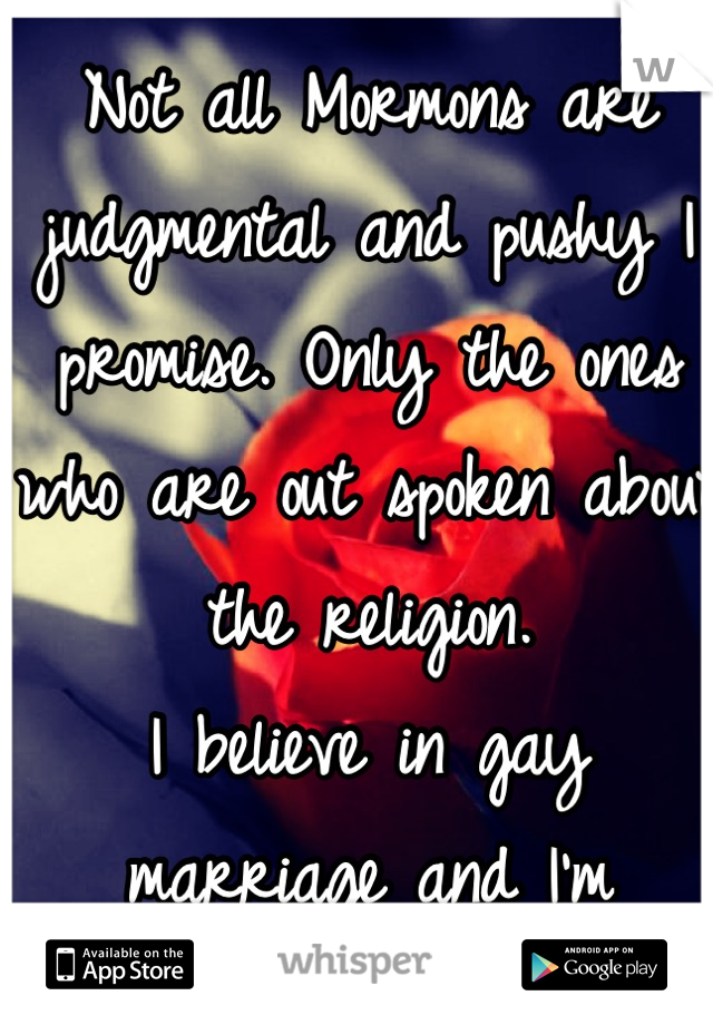 Not all Mormons are judgmental and pushy I promise. Only the ones who are out spoken about the religion. 
I believe in gay marriage and I'm Mormon. 
Everyone deserves to be happy.(: