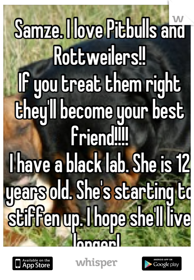 Samze. I love Pitbulls and Rottweilers!!
If you treat them right they'll become your best friend!!!! 
I have a black lab. She is 12 years old. She's starting to stiffen up. I hope she'll live longer!❤