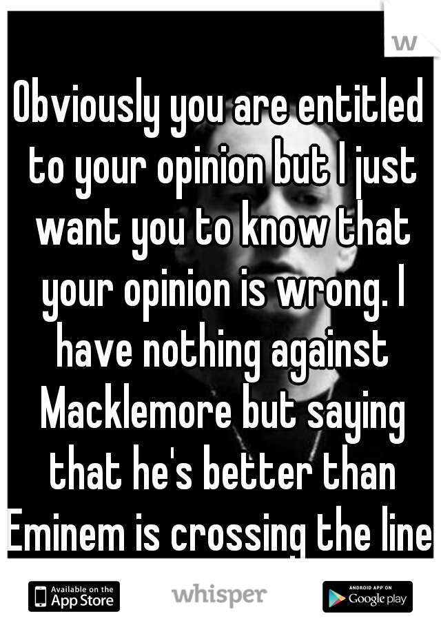 Obviously you are entitled to your opinion but I just want you to know that your opinion is wrong. I have nothing against Macklemore but saying that he's better than Eminem is crossing the line.