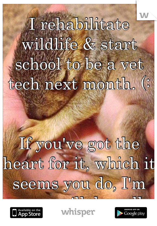 I rehabilitate wildlife & start school to be a vet tech next month. (: 


If you've got the heart for it, which it seems you do, I'm sure you'll do well. 