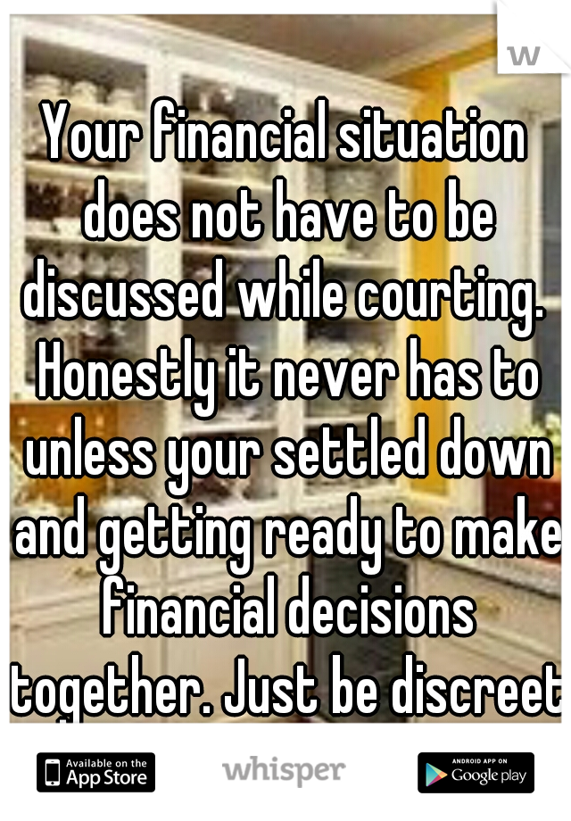 Your financial situation does not have to be discussed while courting.  Honestly it never has to unless your settled down and getting ready to make financial decisions together. Just be discreet