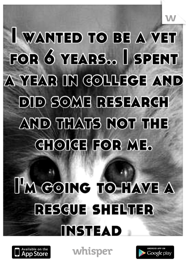I wanted to be a vet for 6 years.. I spent a year in college and did some research and thats not the choice for me. 

I'm going to have a rescue shelter instead 