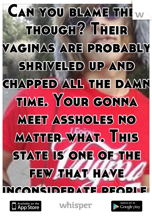 Can you blame them though? Their vaginas are probably shriveled up and chapped all the damn time. Your gonna meet assholes no matter what. This state is one of the few that have inconsiderate people.