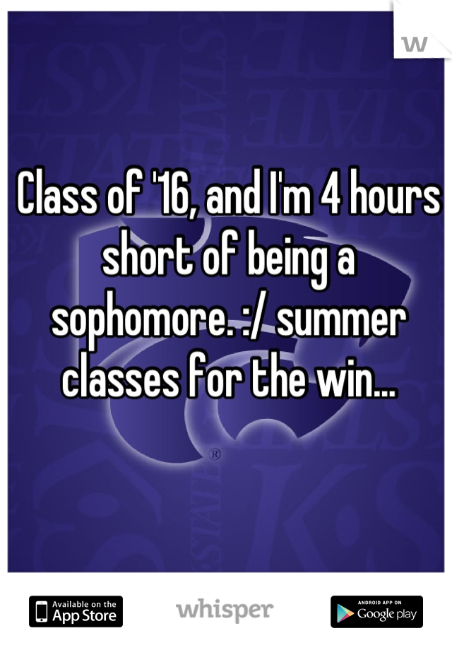 Class of '16, and I'm 4 hours short of being a sophomore. :/ summer classes for the win...