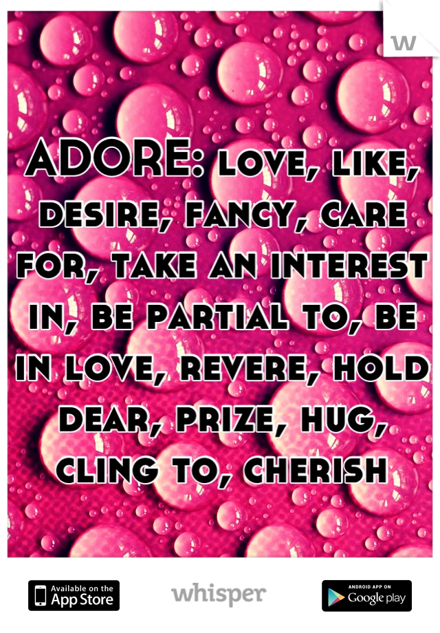 ADORE: love, like, desire, fancy, care for, take an interest in, be partial to, be in love, revere, hold dear, prize, hug, cling to, cherish