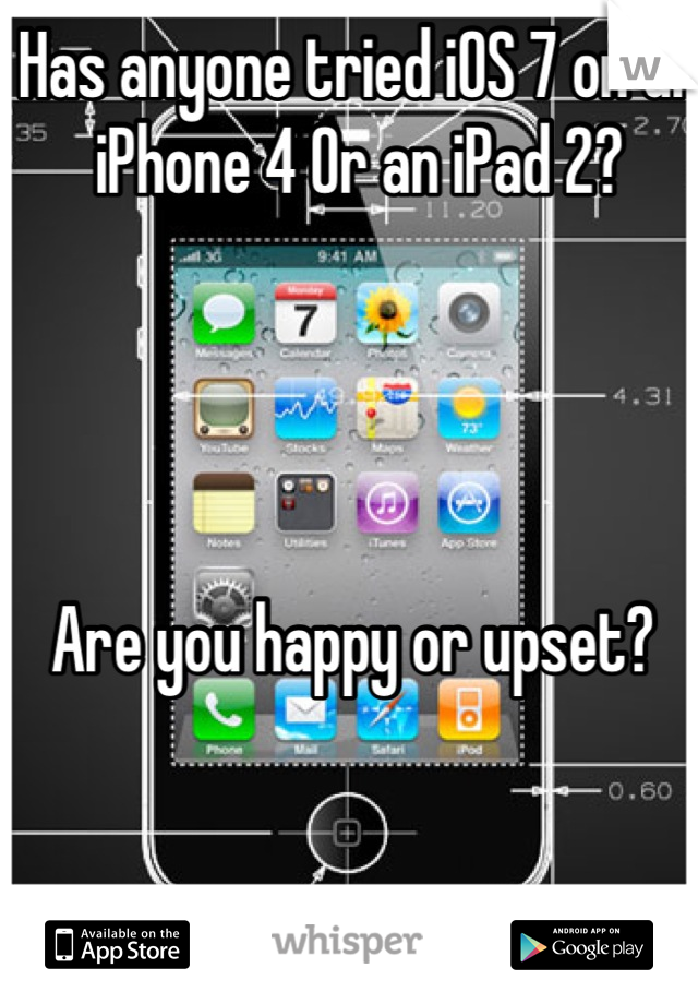Has anyone tried iOS 7 on an iPhone 4 0r an iPad 2? 




Are you happy or upset? 