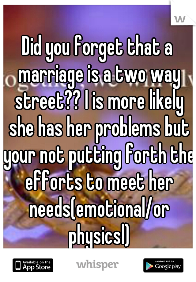 Did you forget that a marriage is a two way street?? I is more likely she has her problems but your not putting forth the efforts to meet her needs(emotional/or physicsl)