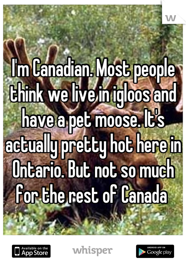 I'm Canadian. Most people think we live in igloos and have a pet moose. It's actually pretty hot here in Ontario. But not so much for the rest of Canada 