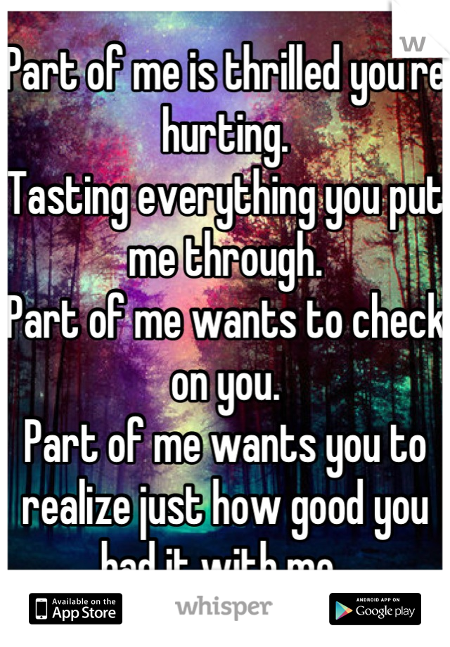 Part of me is thrilled you're hurting. 
Tasting everything you put me through. 
Part of me wants to check on you. 
Part of me wants you to realize just how good you had it with me. 