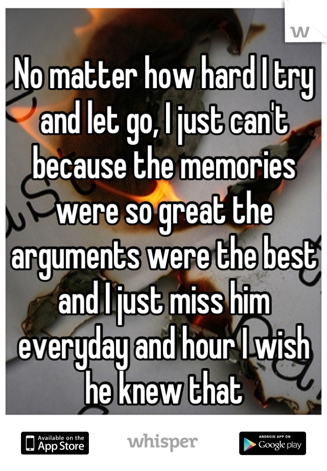 No matter how hard I try and let go, I just can't because the memories were so great the arguments were the best and I just miss him everyday and hour I wish he knew that