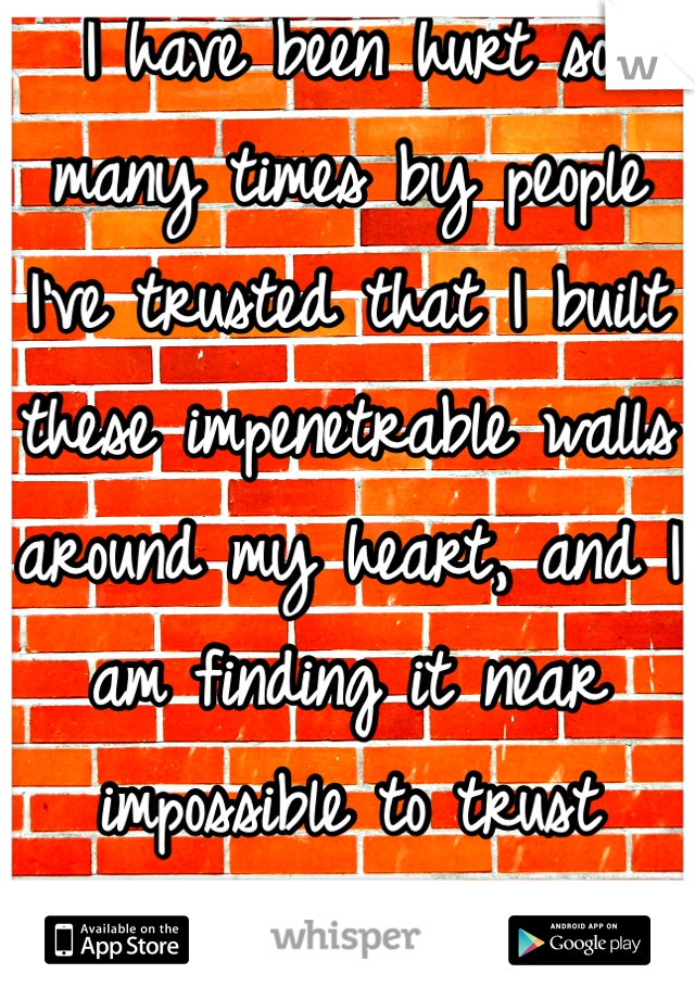 I have been hurt so many times by people I've trusted that I built these impenetrable walls around my heart, and I am finding it near impossible to trust anyone anymore...