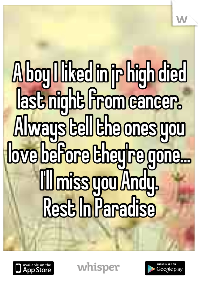 A boy I liked in jr high died last night from cancer.
Always tell the ones you love before they're gone...
I'll miss you Andy.
Rest In Paradise