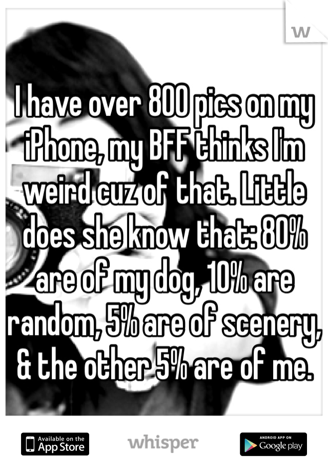 I have over 800 pics on my iPhone, my BFF thinks I'm weird cuz of that. Little does she know that: 80% are of my dog, 10% are random, 5% are of scenery, & the other 5% are of me. 