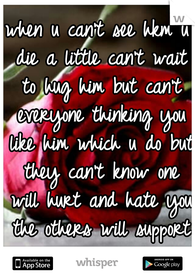 when u can't see hkm u die a little can't wait to hug him but can't everyone thinking you like him which u do but they can't know one will hurt and hate you the others will support who carea let go