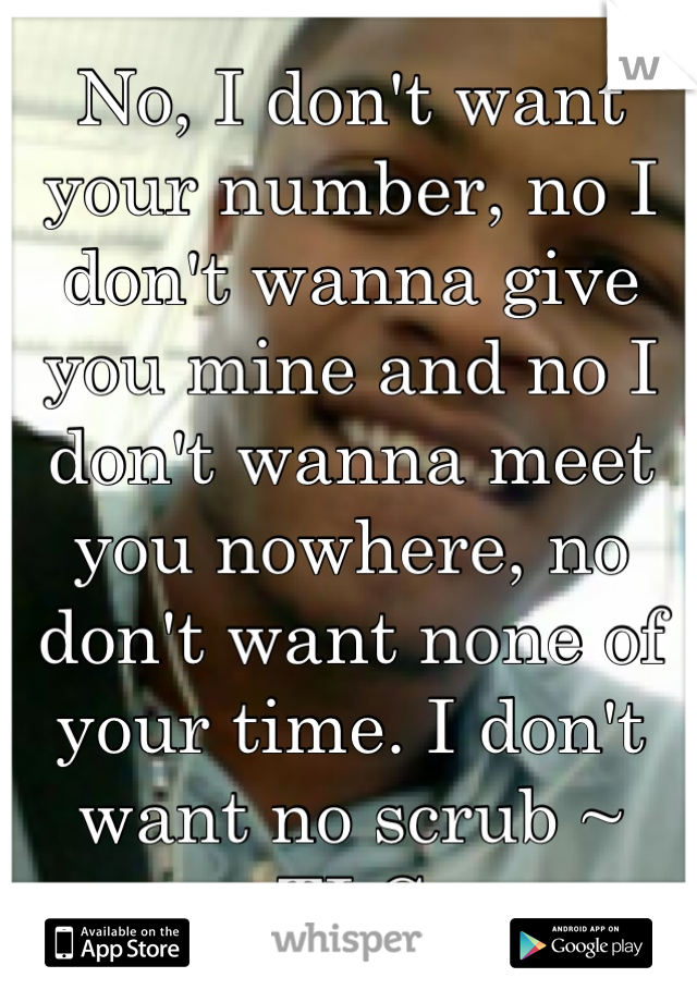 No, I don't want your number, no I don't wanna give you mine and no I don't wanna meet you nowhere, no don't want none of your time. I don't want no scrub ~ TLC