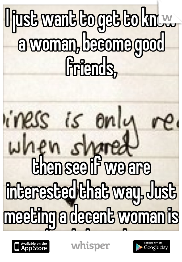 I just want to get to know a woman, become good friends, 



then see if we are interested that way. Just meeting a decent woman is so hard these days. 