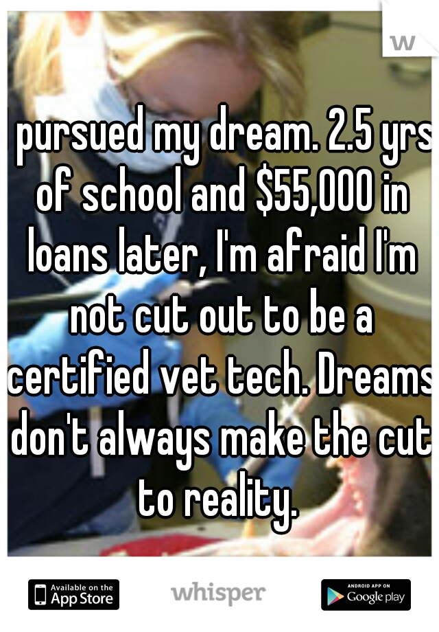 I pursued my dream. 2.5 yrs of school and $55,000 in loans later, I'm afraid I'm not cut out to be a certified vet tech. Dreams don't always make the cut to reality. 