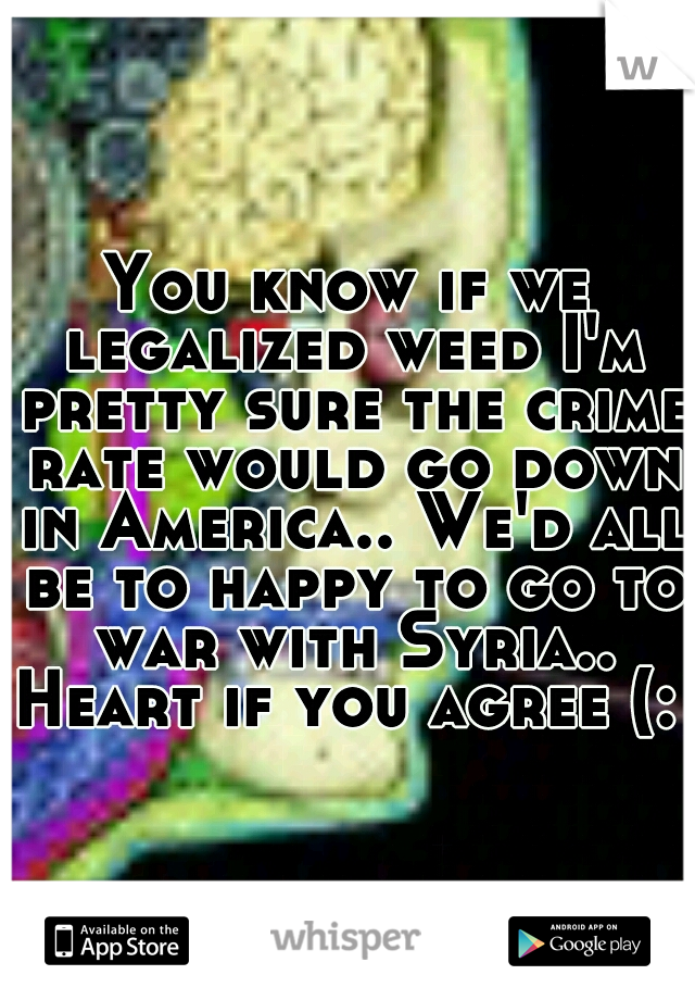 You know if we legalized weed I'm pretty sure the crime rate would go down in America.. We'd all be to happy to go to war with Syria.. Heart if you agree (:  