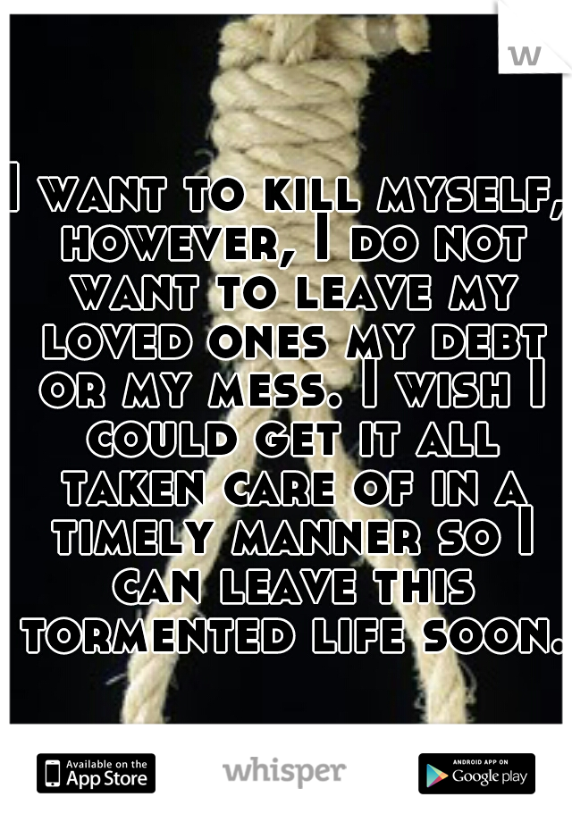 I want to kill myself, however, I do not want to leave my loved ones my debt or my mess. I wish I could get it all taken care of in a timely manner so I can leave this tormented life soon.