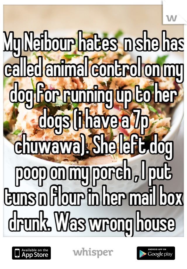 My Neibour hates  n she has called animal control on my dog for running up to her dogs (i have a 7p chuwawa). She left dog poop on my porch , I put tuns n flour in her mail box drunk. Was wrong house 