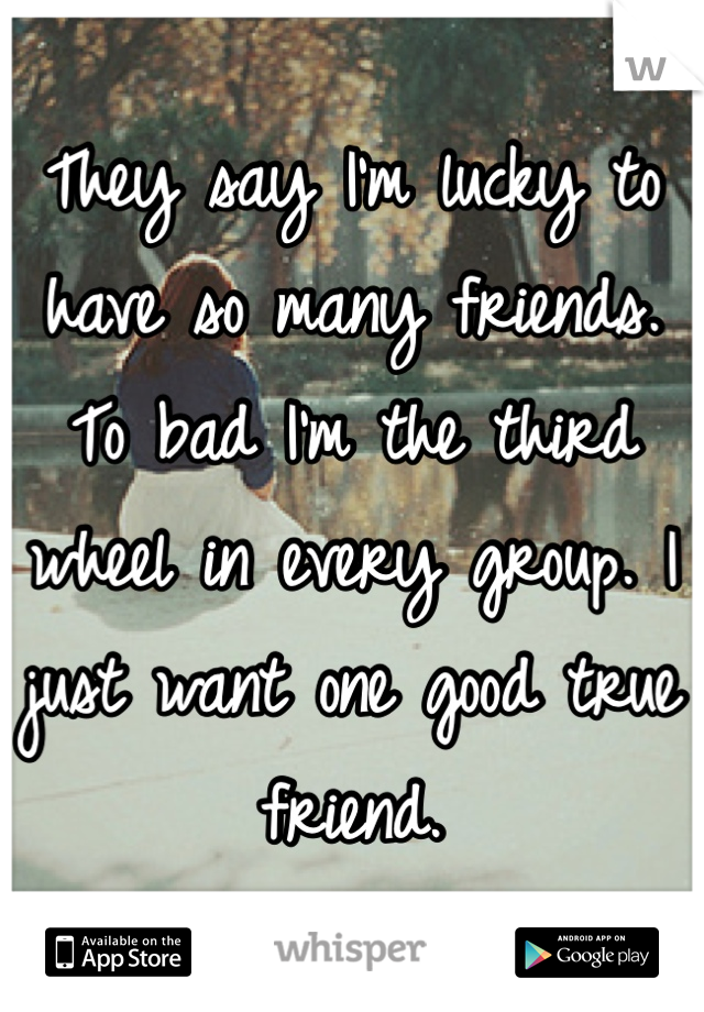 They say I'm lucky to have so many friends. To bad I'm the third wheel in every group. I just want one good true friend.