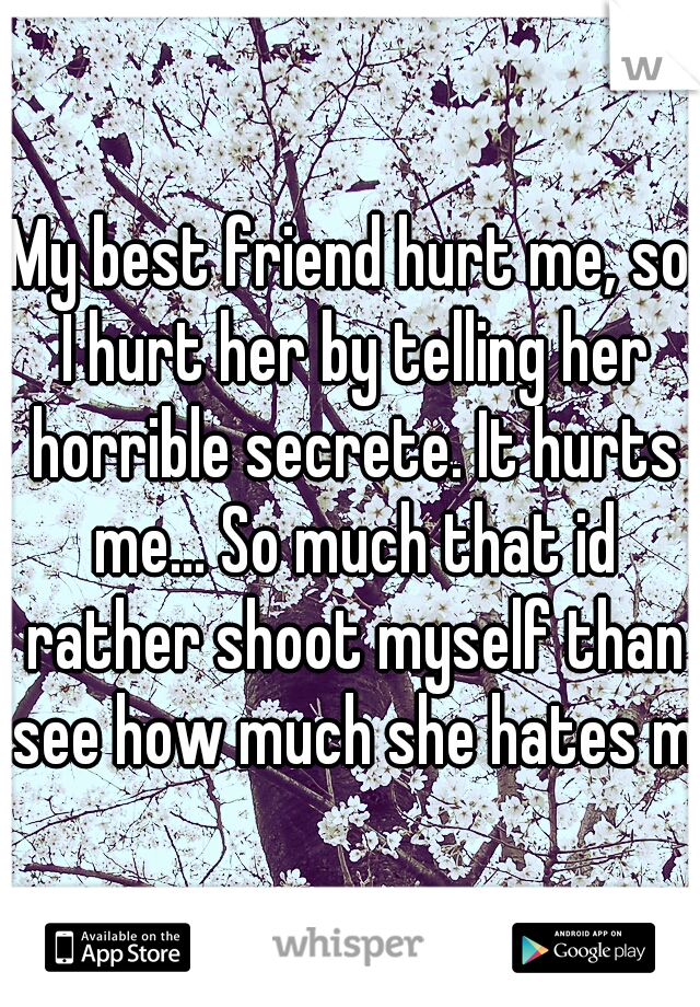 My best friend hurt me, so I hurt her by telling her horrible secrete. It hurts me... So much that id rather shoot myself than see how much she hates me