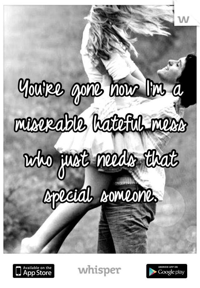 You're gone now I'm a miserable hateful mess who just needs that special someone. 