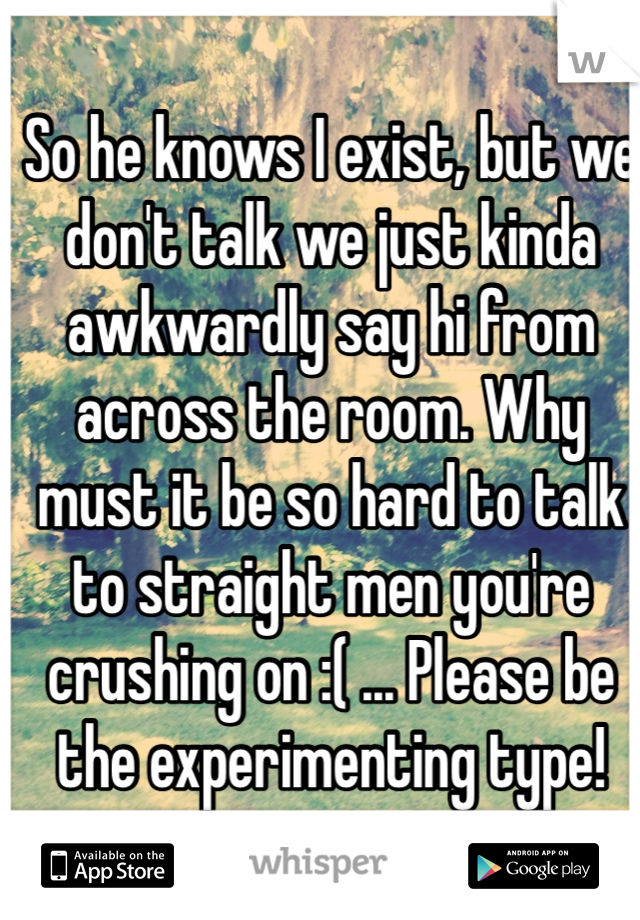 So he knows I exist, but we don't talk we just kinda awkwardly say hi from across the room. Why must it be so hard to talk to straight men you're crushing on :( ... Please be the experimenting type! 