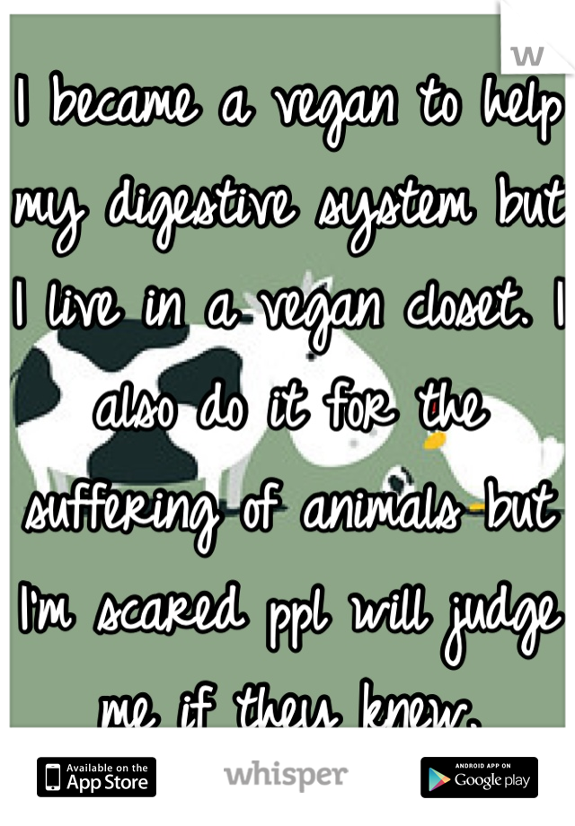 I became a vegan to help my digestive system but I live in a vegan closet. I also do it for the suffering of animals but I'm scared ppl will judge me if they knew.