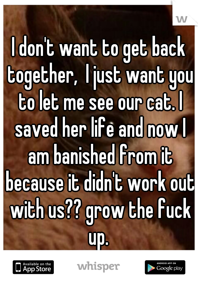 I don't want to get back together,  I just want you to let me see our cat. I saved her life and now I am banished from it because it didn't work out with us?? grow the fuck up. 