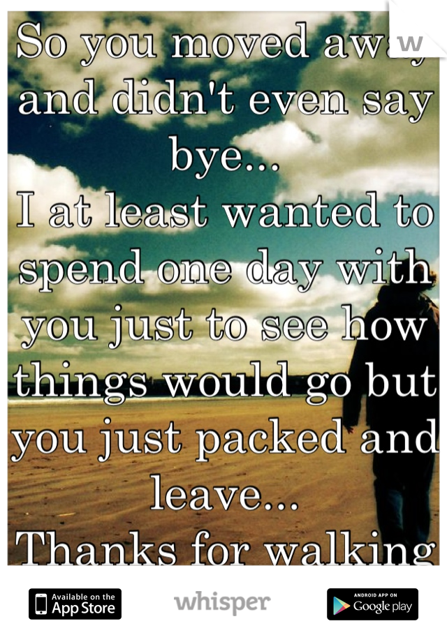 So you moved away and didn't even say bye...
I at least wanted to spend one day with you just to see how things would go but you just packed and leave... 
Thanks for walking out of my life...