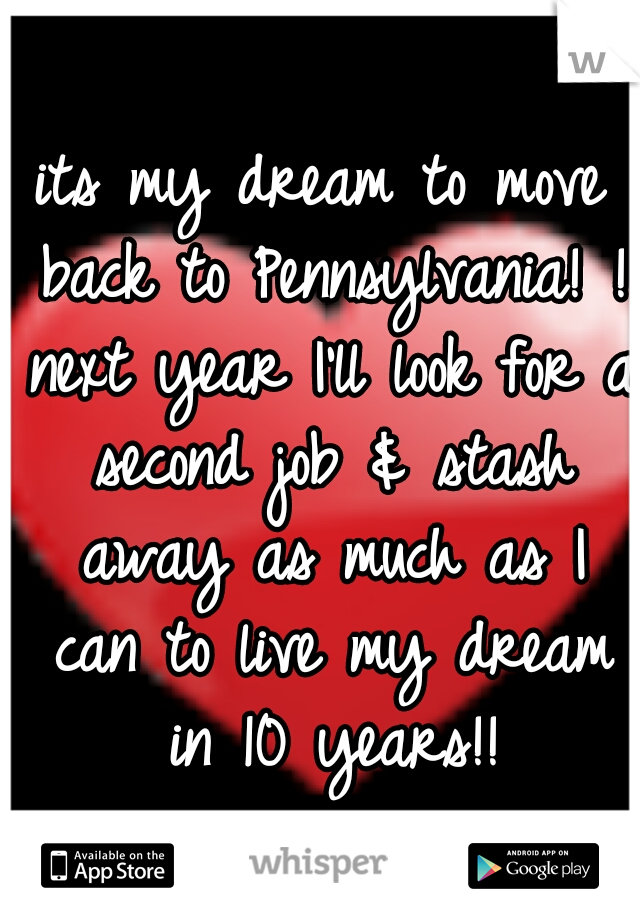 its my dream to move back to Pennsylvania! ! next year I'll look for a second job & stash away as much as I can to live my dream in 10 years!!