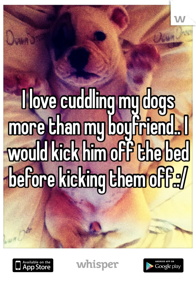 I love cuddling my dogs more than my boyfriend.. I would kick him off the bed before kicking them off.:/ 