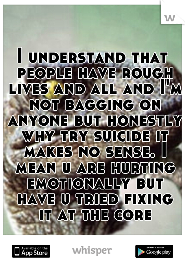 I understand that people have rough lives and all and I'm not bagging on anyone but honestly why try suicide it makes no sense. I mean u are hurting emotionally but have u tried fixing it at the core