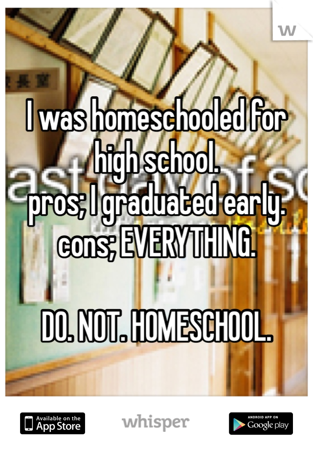 I was homeschooled for high school. 
pros; I graduated early. 
cons; EVERYTHING. 

DO. NOT. HOMESCHOOL.