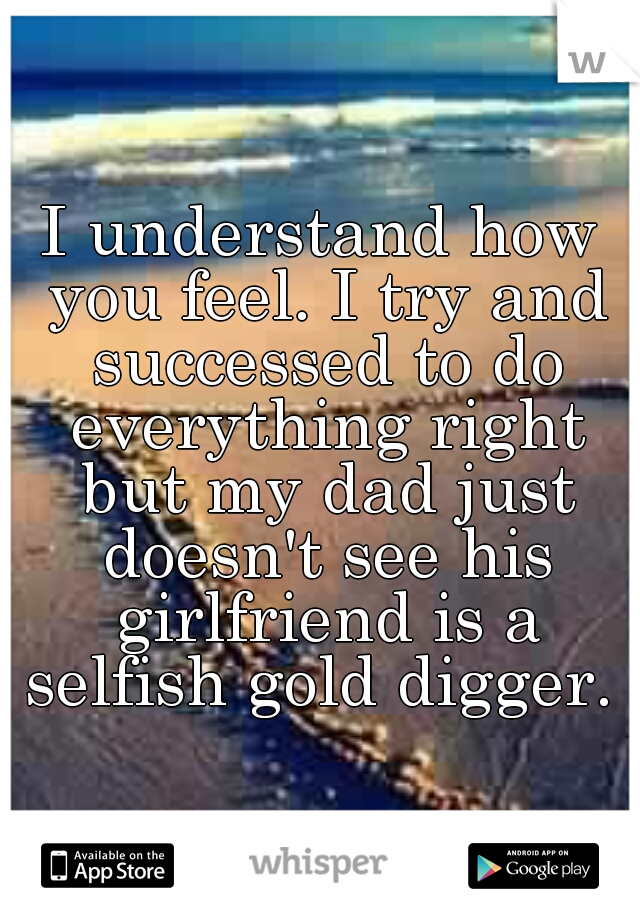 I understand how you feel. I try and successed to do everything right but my dad just doesn't see his girlfriend is a selfish gold digger. 