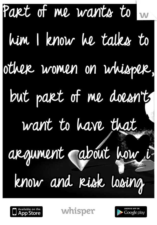 Part of me wants to tell him I know he talks to other women on whisper, but part of me doesn't want to have that argument  about how i know and risk losing him... :(