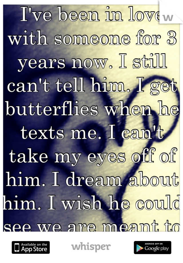 I've been in love with someone for 3 years now. I still can't tell him. I get butterflies when he texts me. I can't take my eyes off of him. I dream about him. I wish he could see we are meant to be.