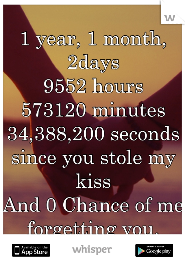 1 year, 1 month, 2days
9552 hours
573120 minutes
34,388,200 seconds
since you stole my kiss
And 0 Chance of me forgetting you.