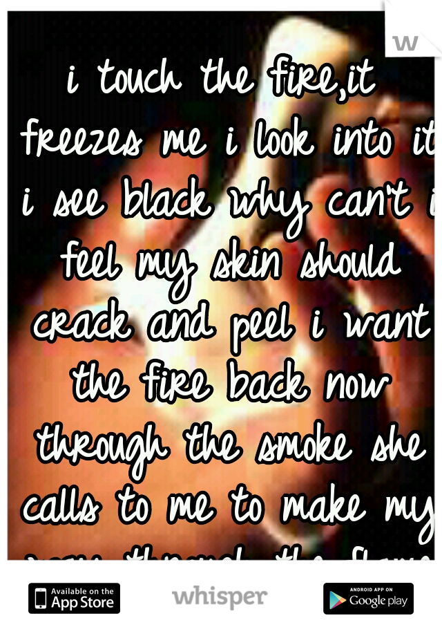 i touch the fire,it freezes me i look into it i see black why can't i feel my skin should crack and peel i want the fire back now through the smoke she calls to me to make my way through the flame 