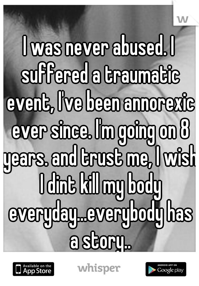 I was never abused. I suffered a traumatic event, I've been annorexic ever since. I'm going on 8 years. and trust me, I wish I dint kill my body everyday...everybody has a story..