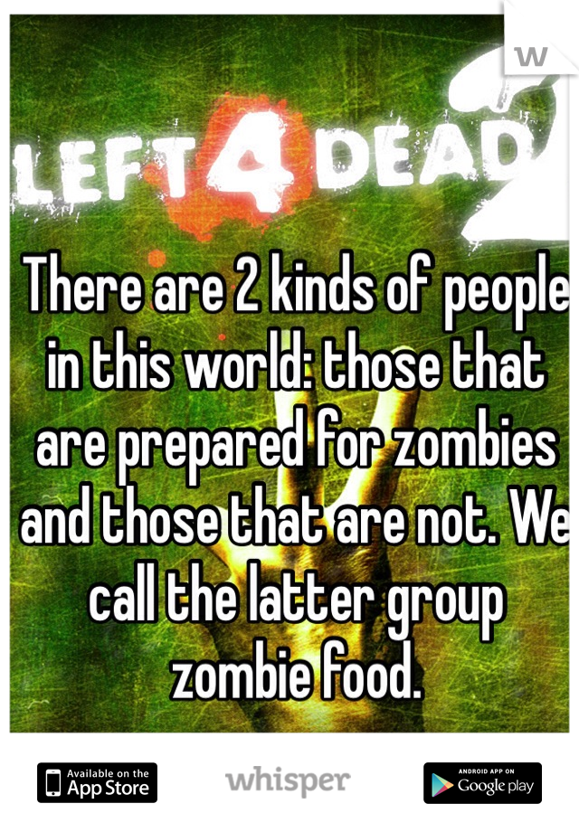 There are 2 kinds of people in this world: those that are prepared for zombies and those that are not. We call the latter group zombie food. 