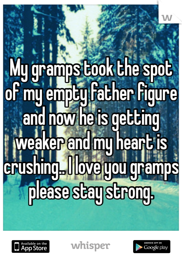 My gramps took the spot of my empty father figure and now he is getting weaker and my heart is crushing.. I love you gramps please stay strong. 
