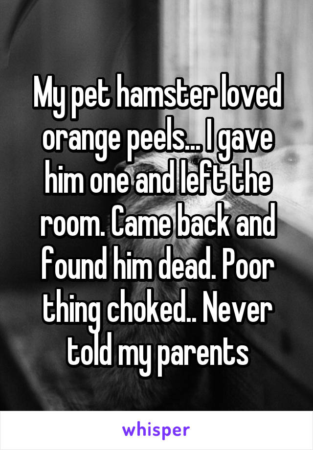 My pet hamster loved orange peels... I gave him one and left the room. Came back and found him dead. Poor thing choked.. Never told my parents