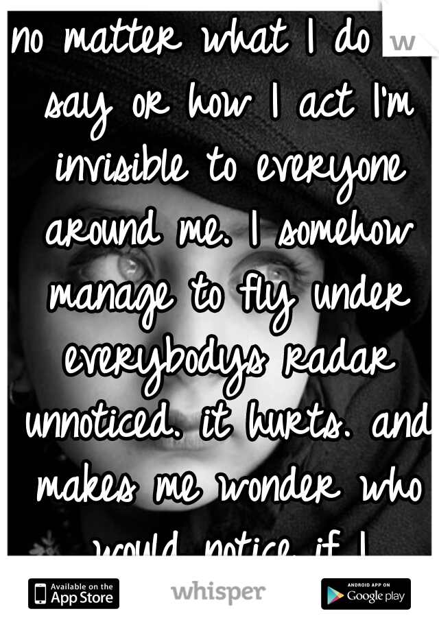 no matter what I do or say or how I act I'm invisible to everyone around me. I somehow manage to fly under everybodys radar unnoticed. it hurts. and makes me wonder who would notice if I disappeared. 