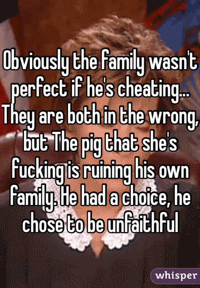 Obviously the family wasn't perfect if he's cheating...
They are both in the wrong, but The pig that she's fucking is ruining his own family. He had a choice, he chose to be unfaithful 