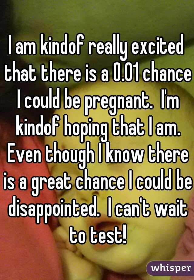 I am kindof really excited that there is a 0.01 chance I could be pregnant.  I'm kindof hoping that I am. Even though I know there is a great chance I could be disappointed.  I can't wait to test!