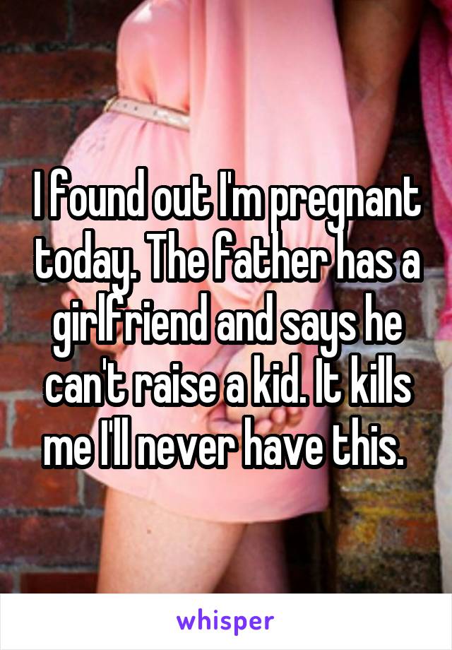 I found out I'm pregnant today. The father has a girlfriend and says he can't raise a kid. It kills me I'll never have this. 