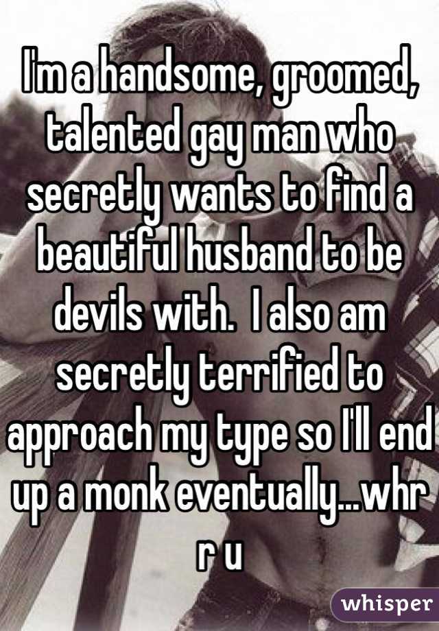I'm a handsome, groomed, talented gay man who secretly wants to find a beautiful husband to be devils with.  I also am secretly terrified to approach my type so I'll end up a monk eventually...whr r u