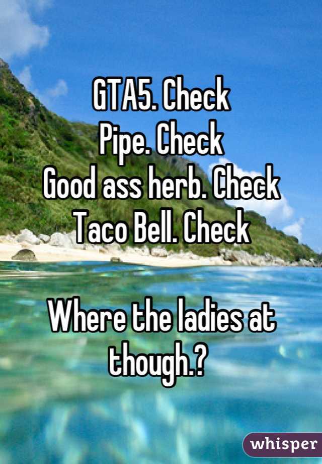 GTA5. Check
Pipe. Check
Good ass herb. Check 
Taco Bell. Check 

Where the ladies at though.? 